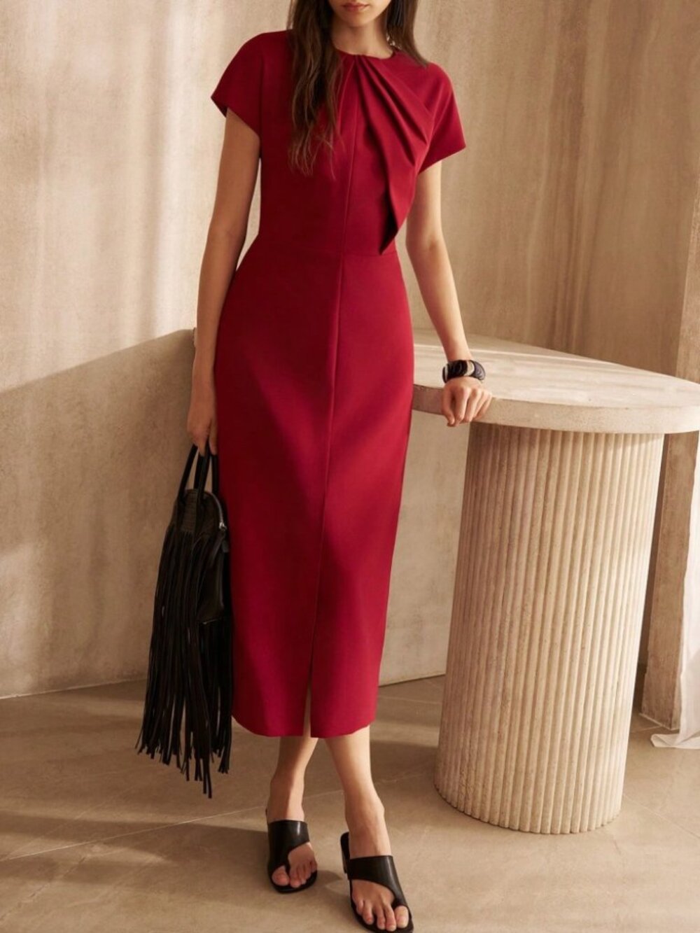 Crimson Red Gathered Neck Cutout Cap Sleeve Slit Maxi Dress